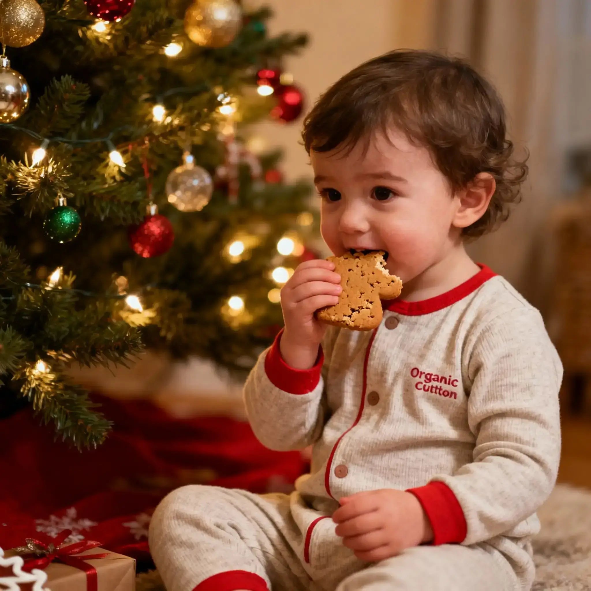 oddler in organic cotton pajamas sitting by a decorated Christmas tree, eating a gingerbread cookie