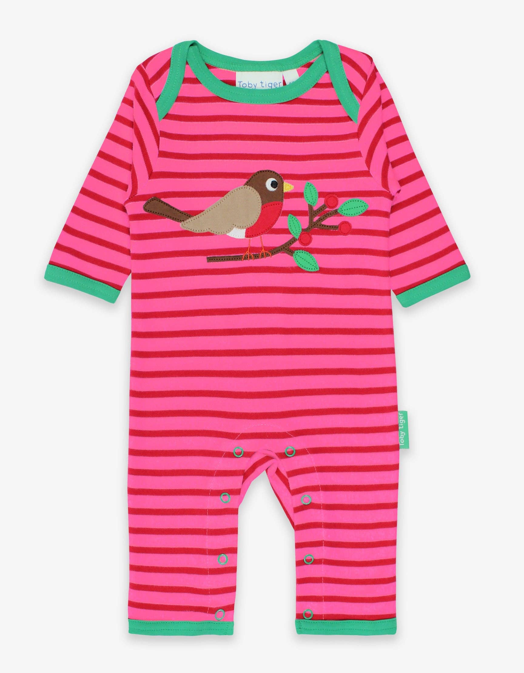 Pink and green striped baby romper with a bird design on a white background