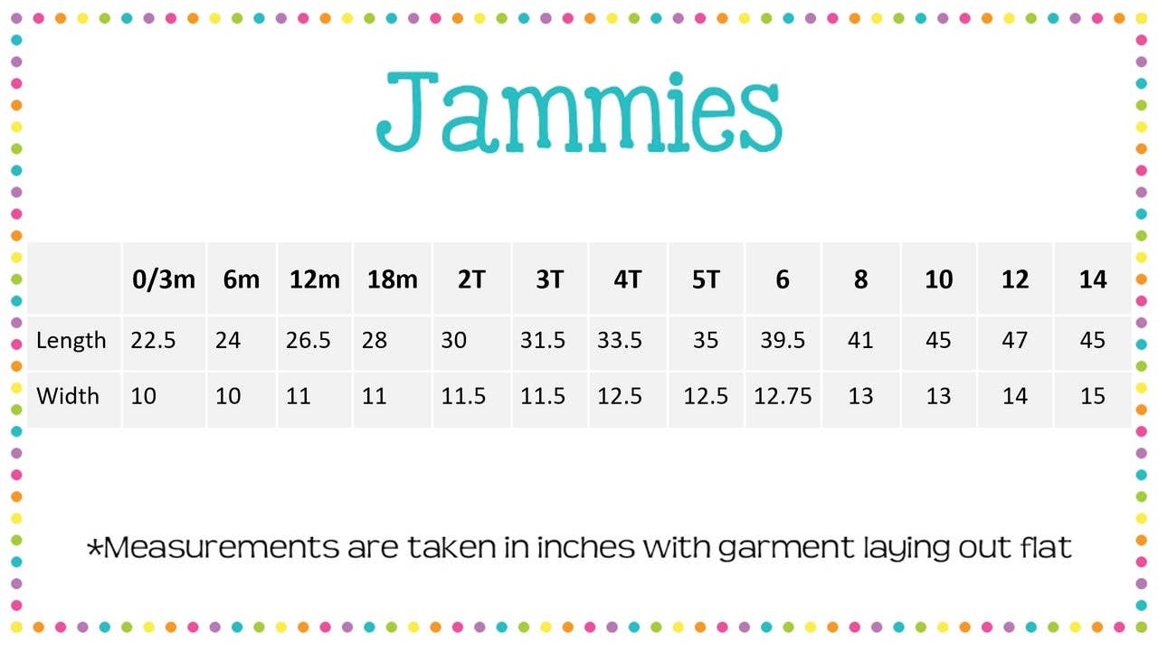 Jammies size chart with measurements in inches and centimeters.