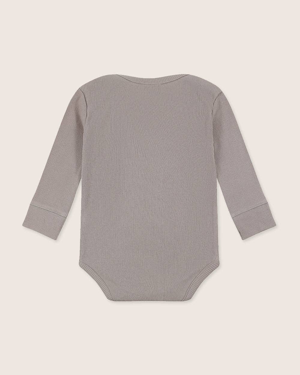 Gray ribbed baby bodysuit on a light beige background