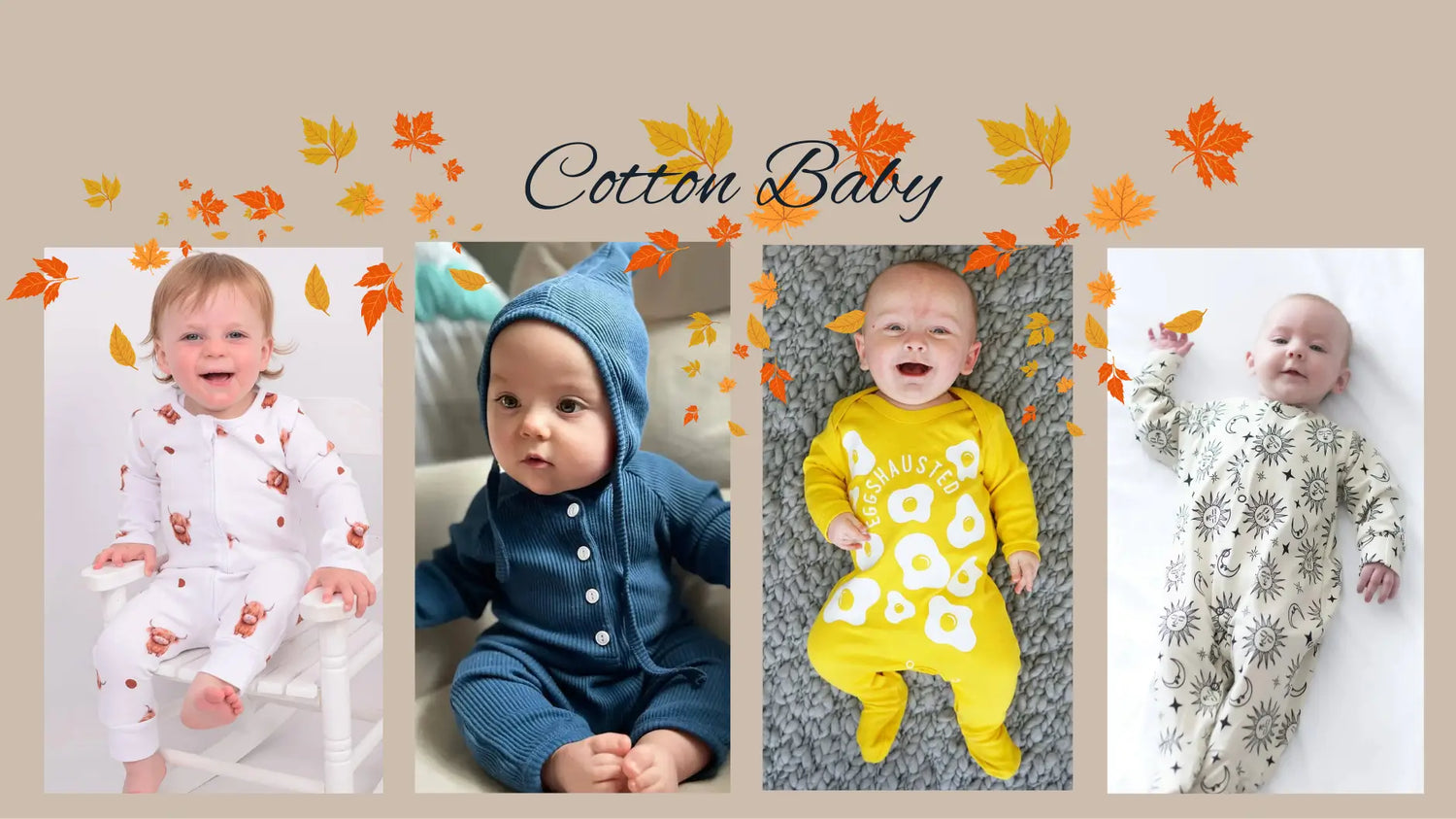 Babies wearing 100% cotton autumn outfits: sleepsuits and rompers, neutral and bright colours