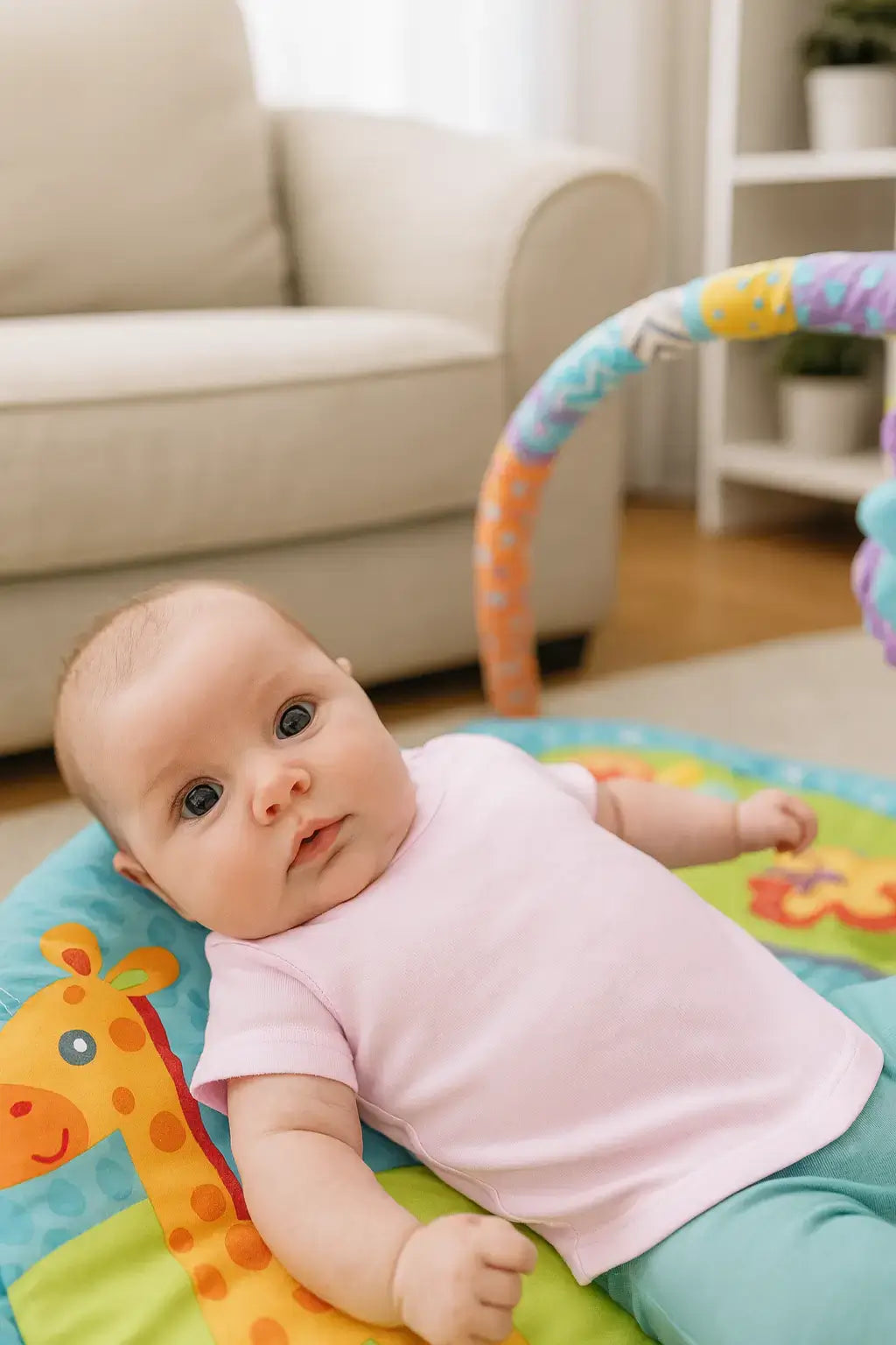 Baby in a pink cotton t-shirt and teal leggings lying on a colourful play mat indoor