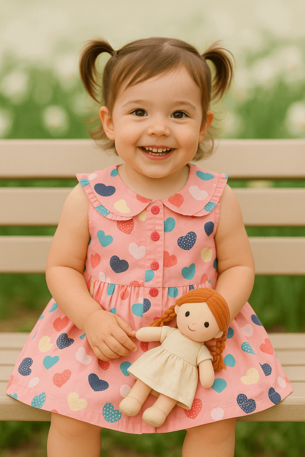 Pink Multicolour Heart Print Empire Dress (1-2YRS) - Cotton Baby