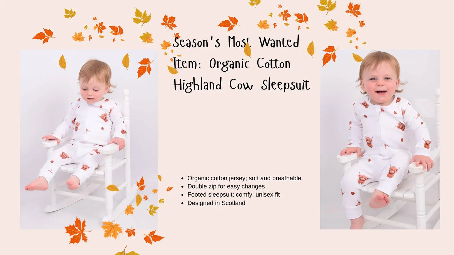 Baby in organic cotton Highland Cow Sleepsuit with autumn leaf design