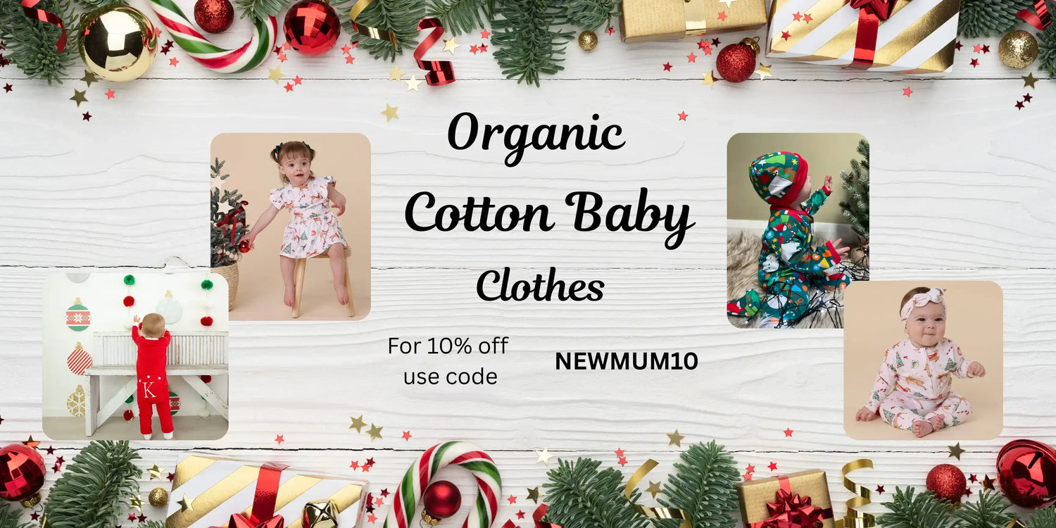 Organic cotton baby clothes Christmas banner featuring holiday decorations, happy babies in natural outfits, and a 10% discount code NEWMUM10 for Cotton Baby