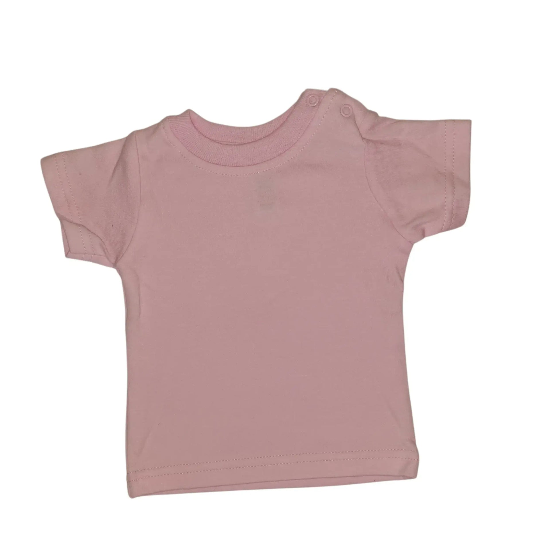 Full front view of a pink cotton baby t-shirt with short sleeves and snap-on buttons at the shoulder, on a white background