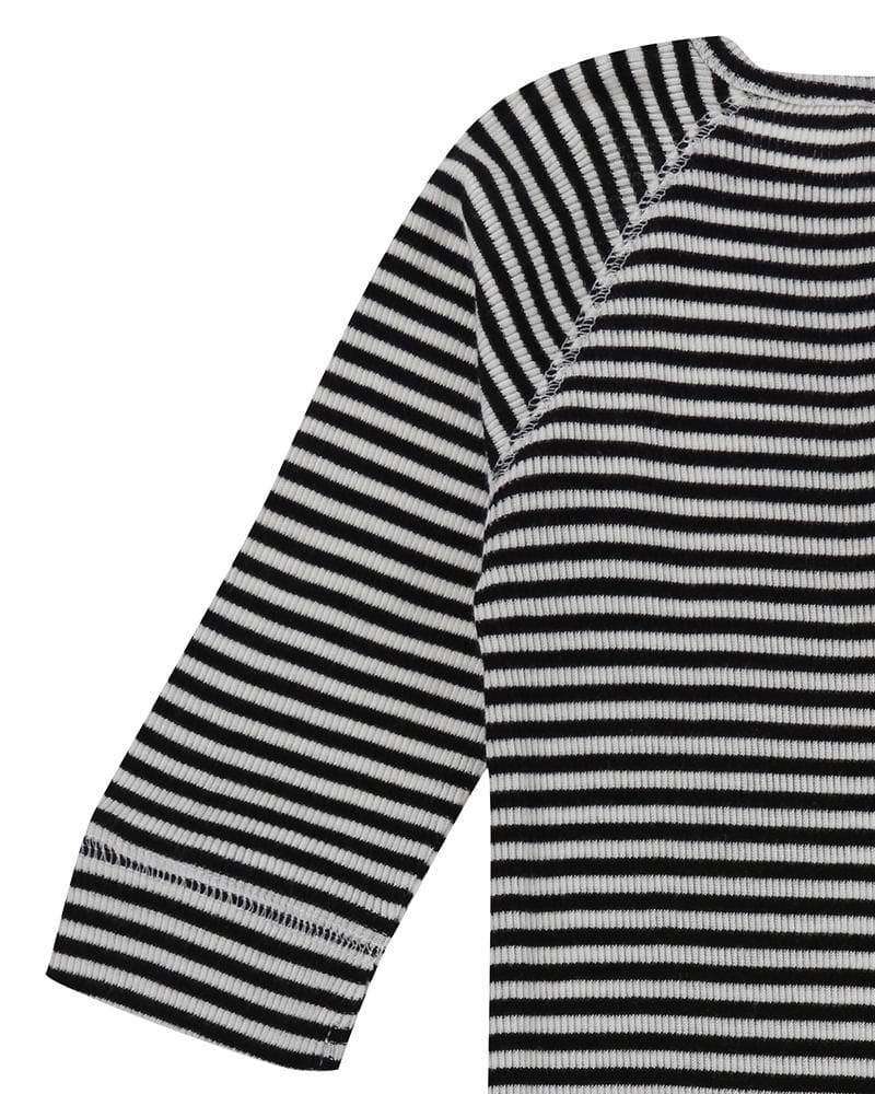 Black and white striped long-sleeve playsuit on a white background