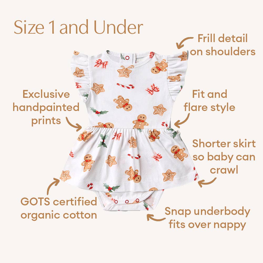Baby romper with gingerbread man pattern and text highlighting features on a white background