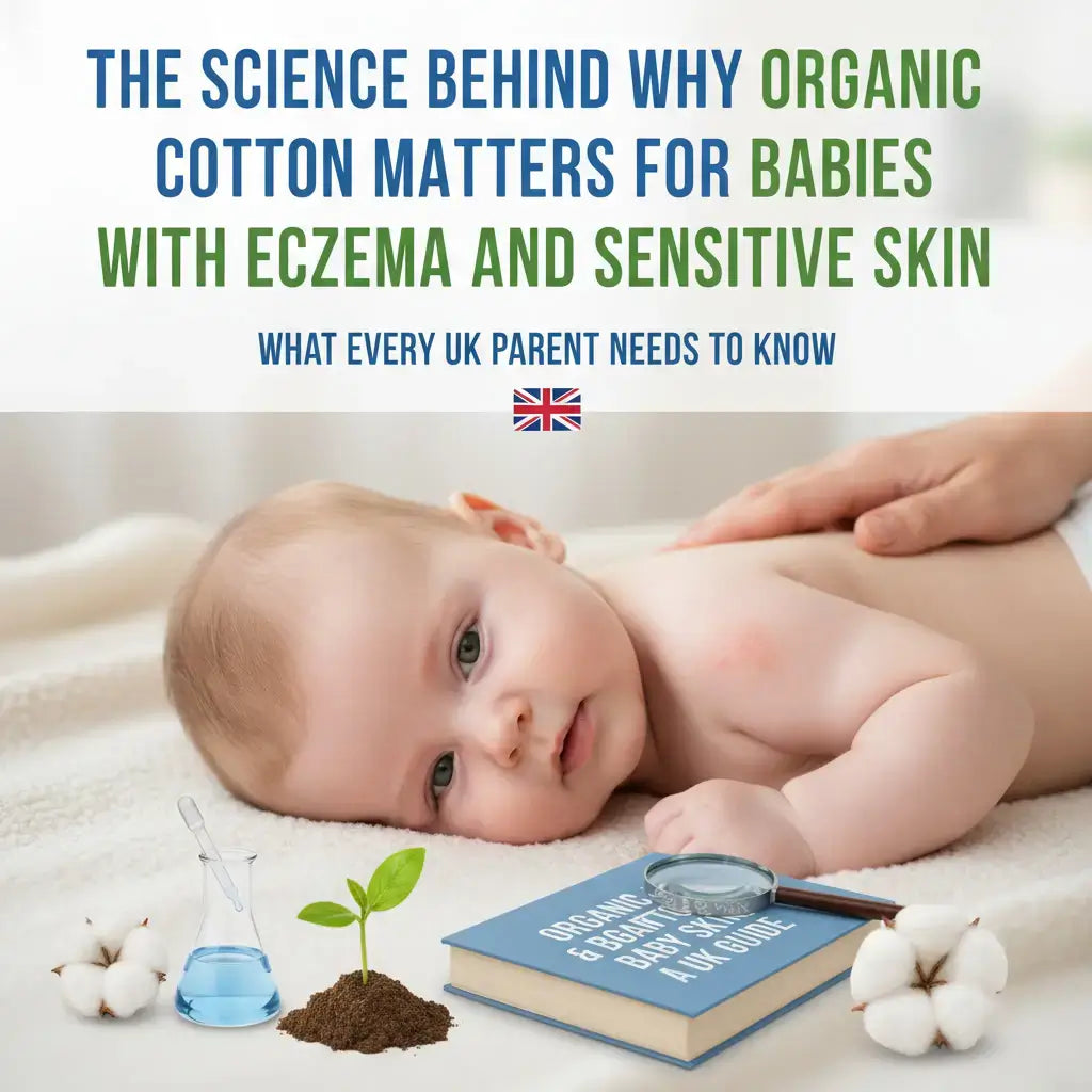 Baby lying on a soft surface beside cotton bolls and a book titled “The Science Behind Why Organic Cotton Matters for Babies with Eczema and Sensitive Skin”.