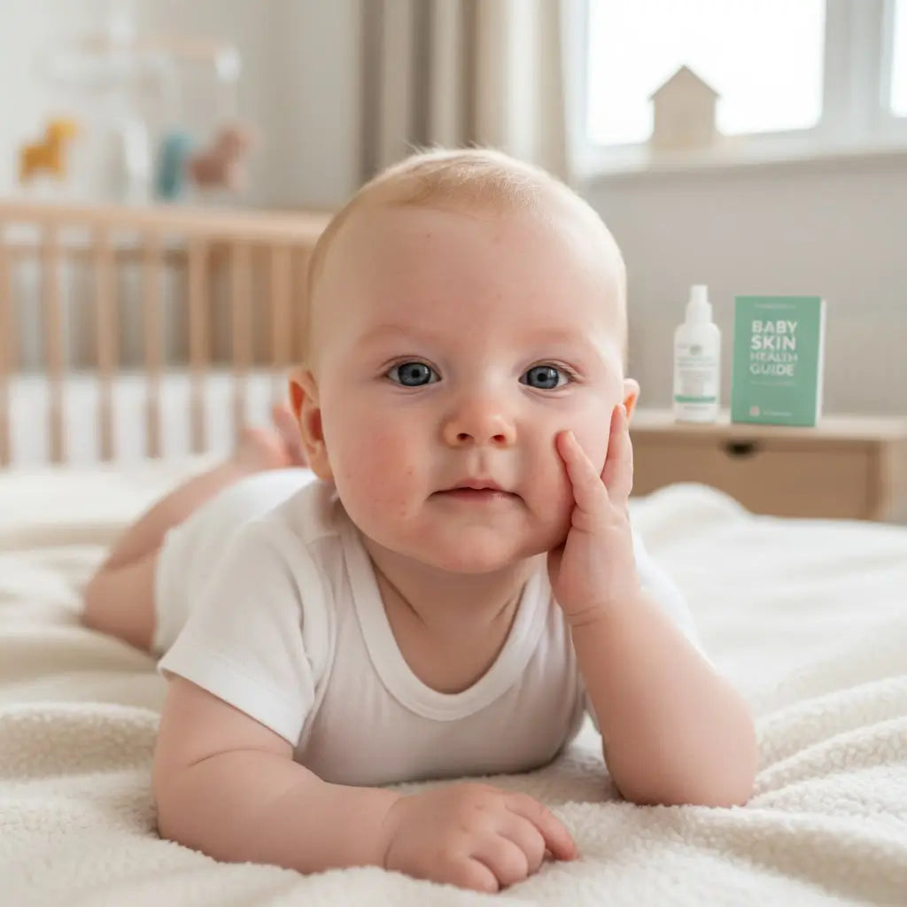 baby lying on his belly and softly touching his cheek