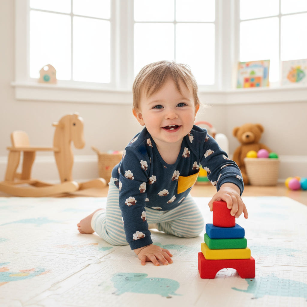 Toddler wearing cotton outfit top long sleeves with sheep pattern and bottoms striped, playing with toys in nursery