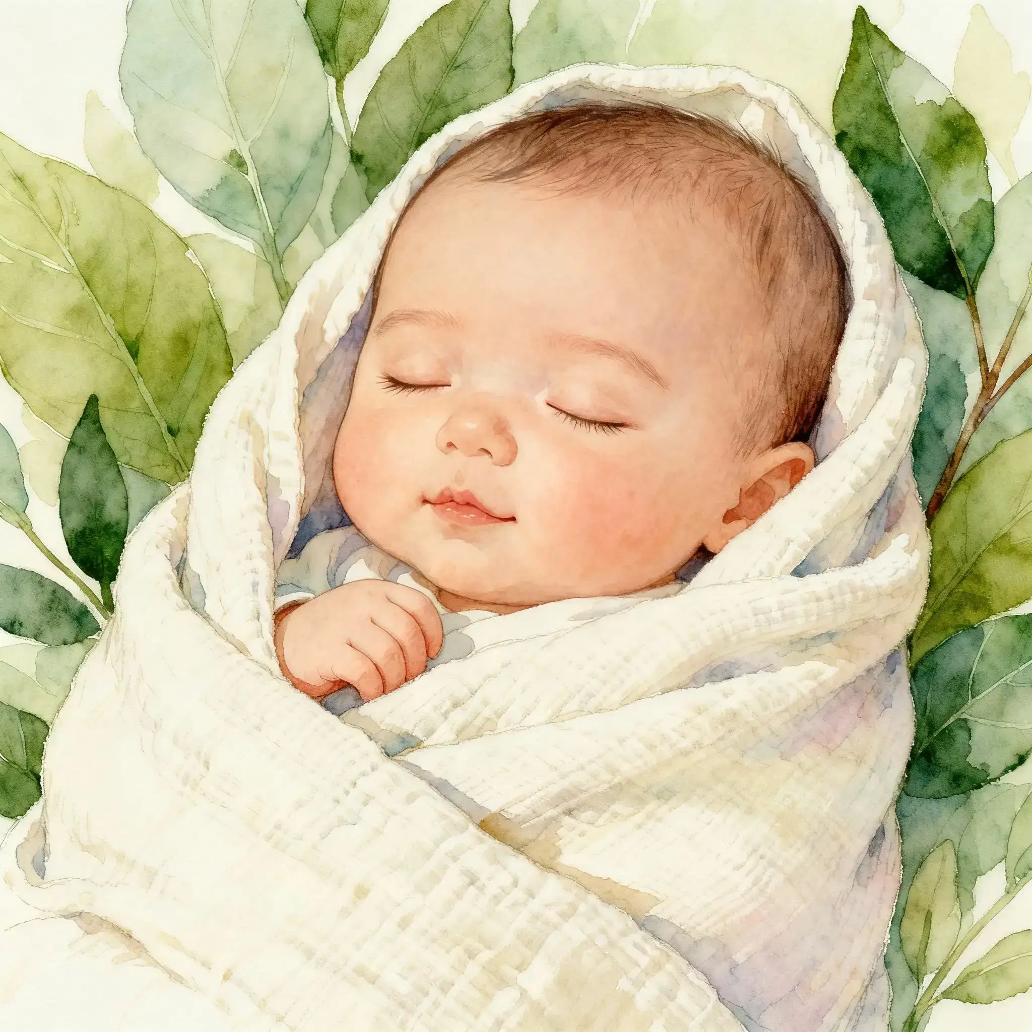 A baby wrapped in soft organic cotton blankets, surrounded by gentle green leaves, illustrating comfort for sensitive skin