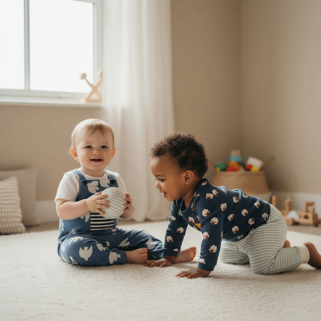  baby boy wearing a soft cotton sleepsuit is lying comfortably in a cozy cot, surrounded by plush toys and soft blankets, under warm gentle lighting