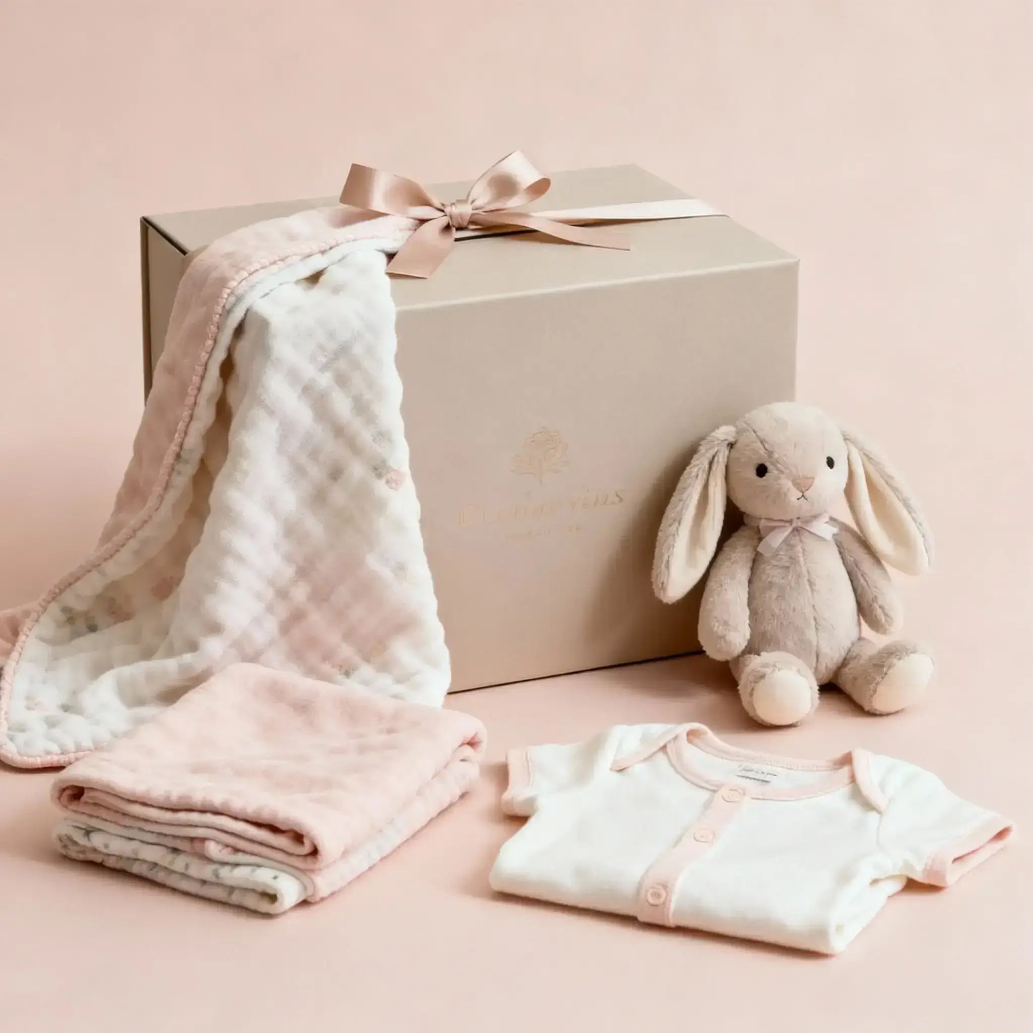 Elegant display of baby gifts including soft security blankets, plush bunny keepsakes, and cotton onesies arranged with a pastel gift box
