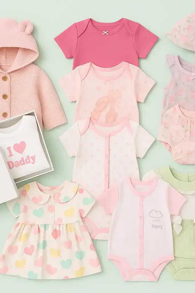 Assorted cotton babywear laid flat in pink tones, representing all items