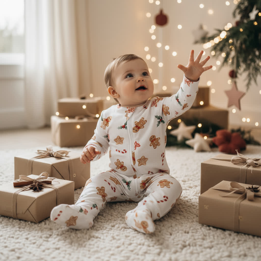 Infant sitting on the matt and wearing chrstmas sleepsuit, reaching out to christmas tree