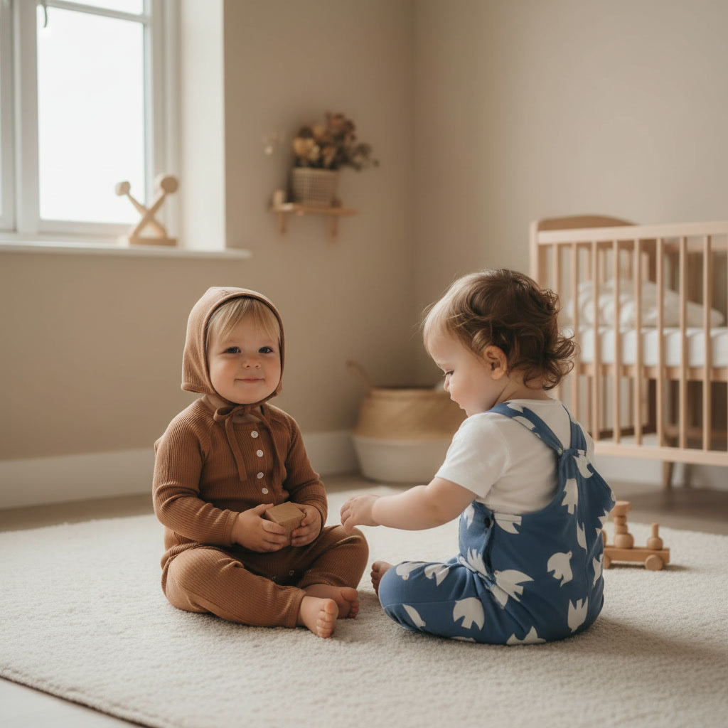 2 toddlers are playing, one wearing brown romper with bonnet hat, other blue with white dove print dungaree and white tshirt