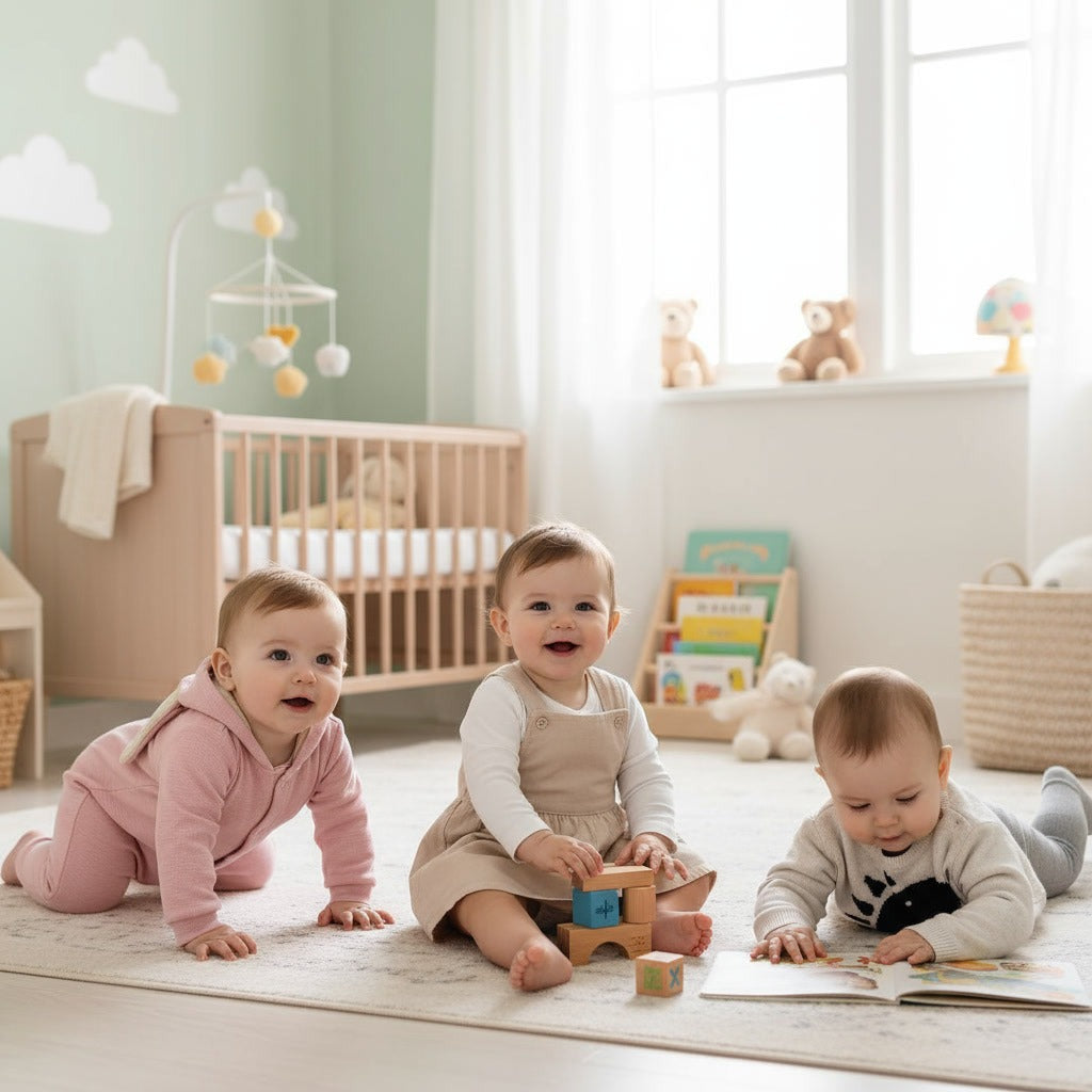 3 infants playing with toys, wearing organic cotton clothing