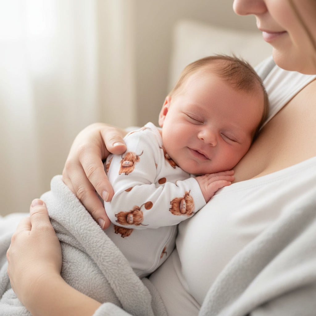 Newborn wearing highland cow sleepsuit, sleeps in mother arms covered by soft cotton blanket