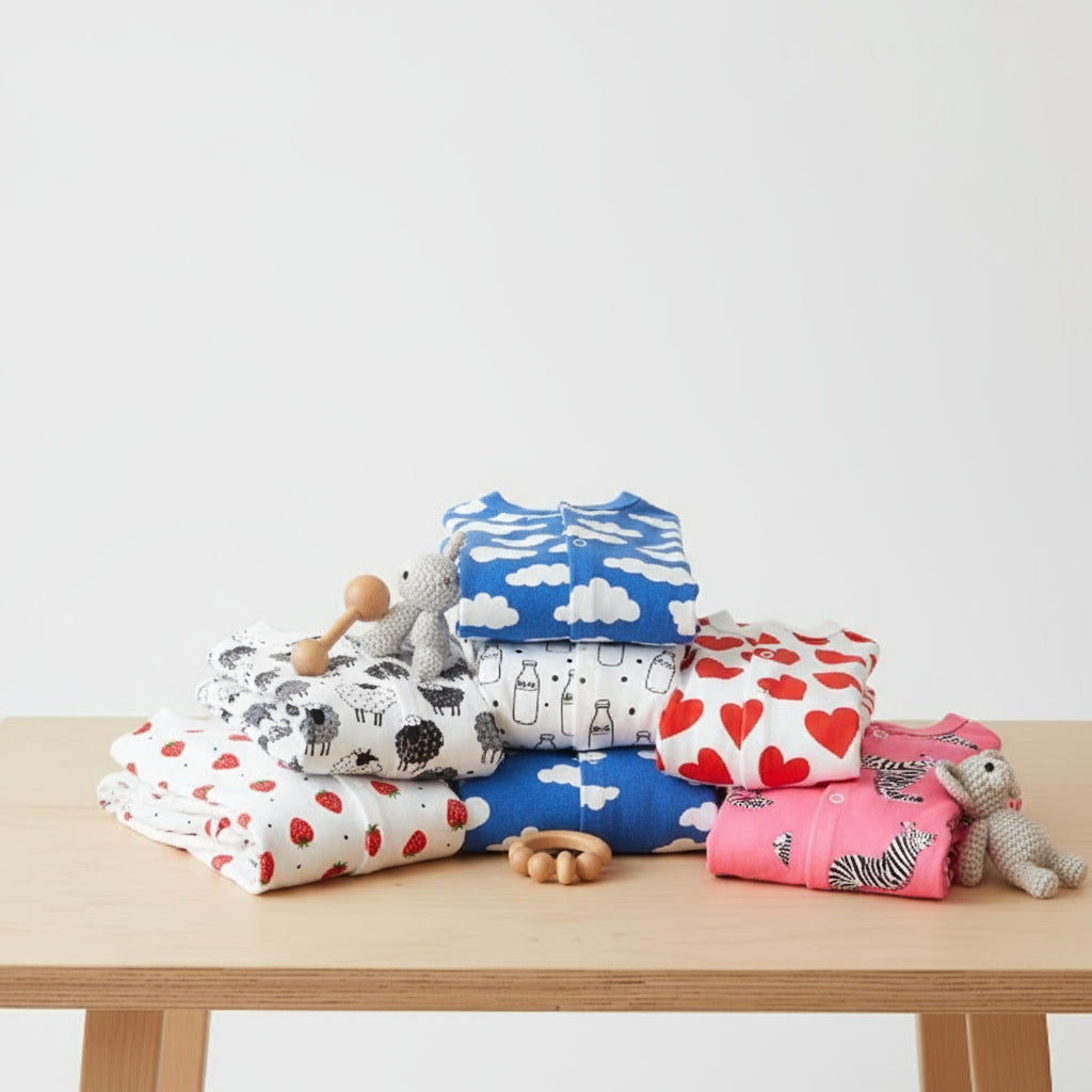 A clothes rail with baby and toddler clothes in soft fabrics and pastel colors, illuminated by gentle daylight in a cozy setting