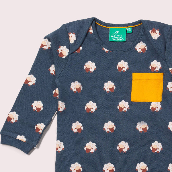 Children's navy blue sweatshirt with ice cream pattern and yellow pocket on a light gray background