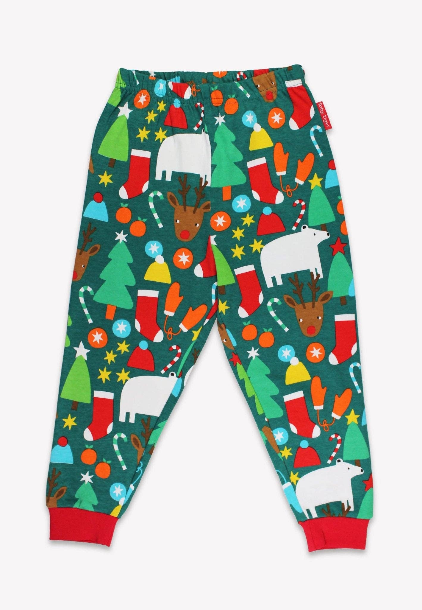 Colorful children's pajama pants with Christmas-themed pattern on a white background