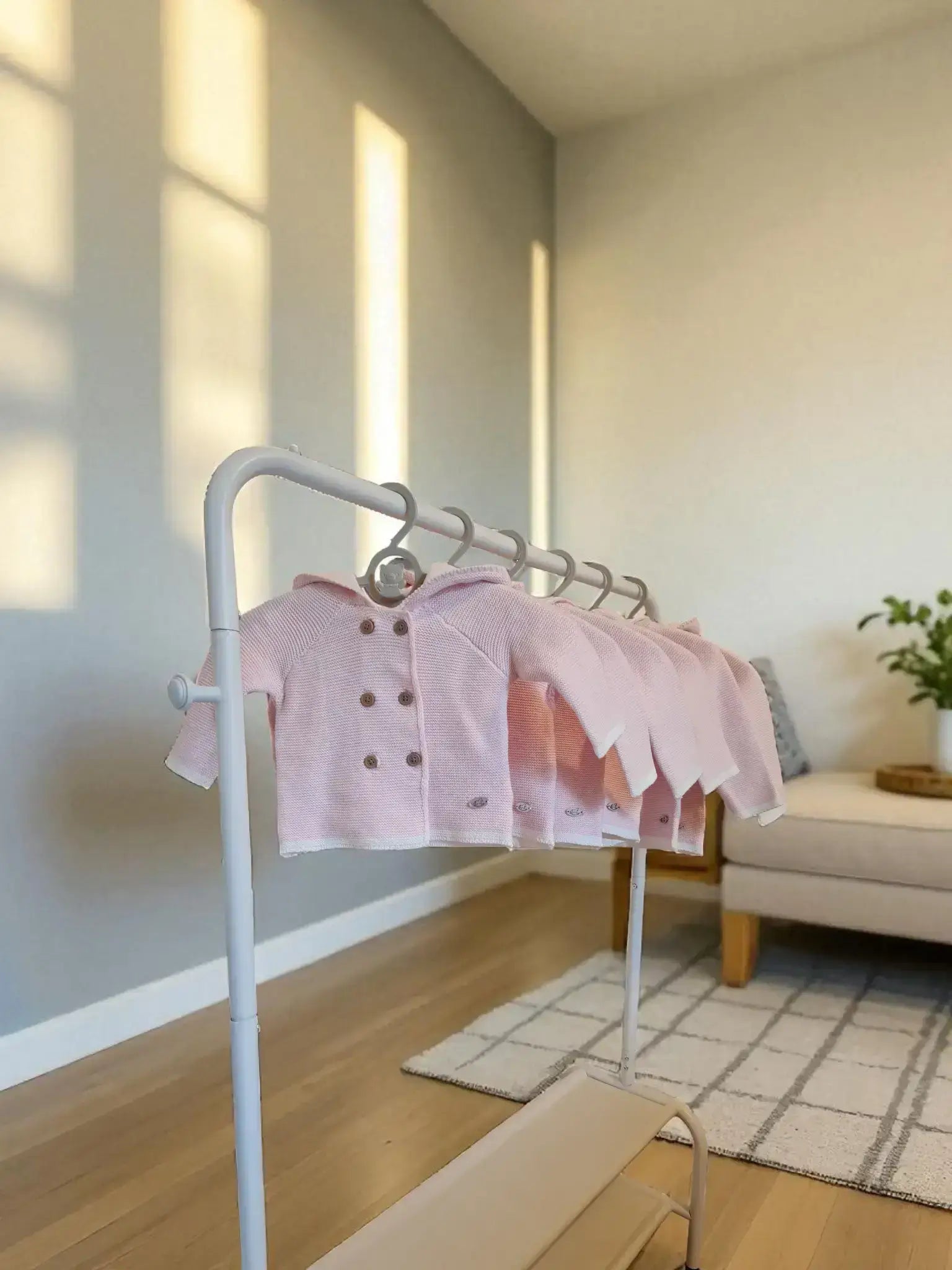 Pink blouse on a clothing rack in a room with a sofa and plant
