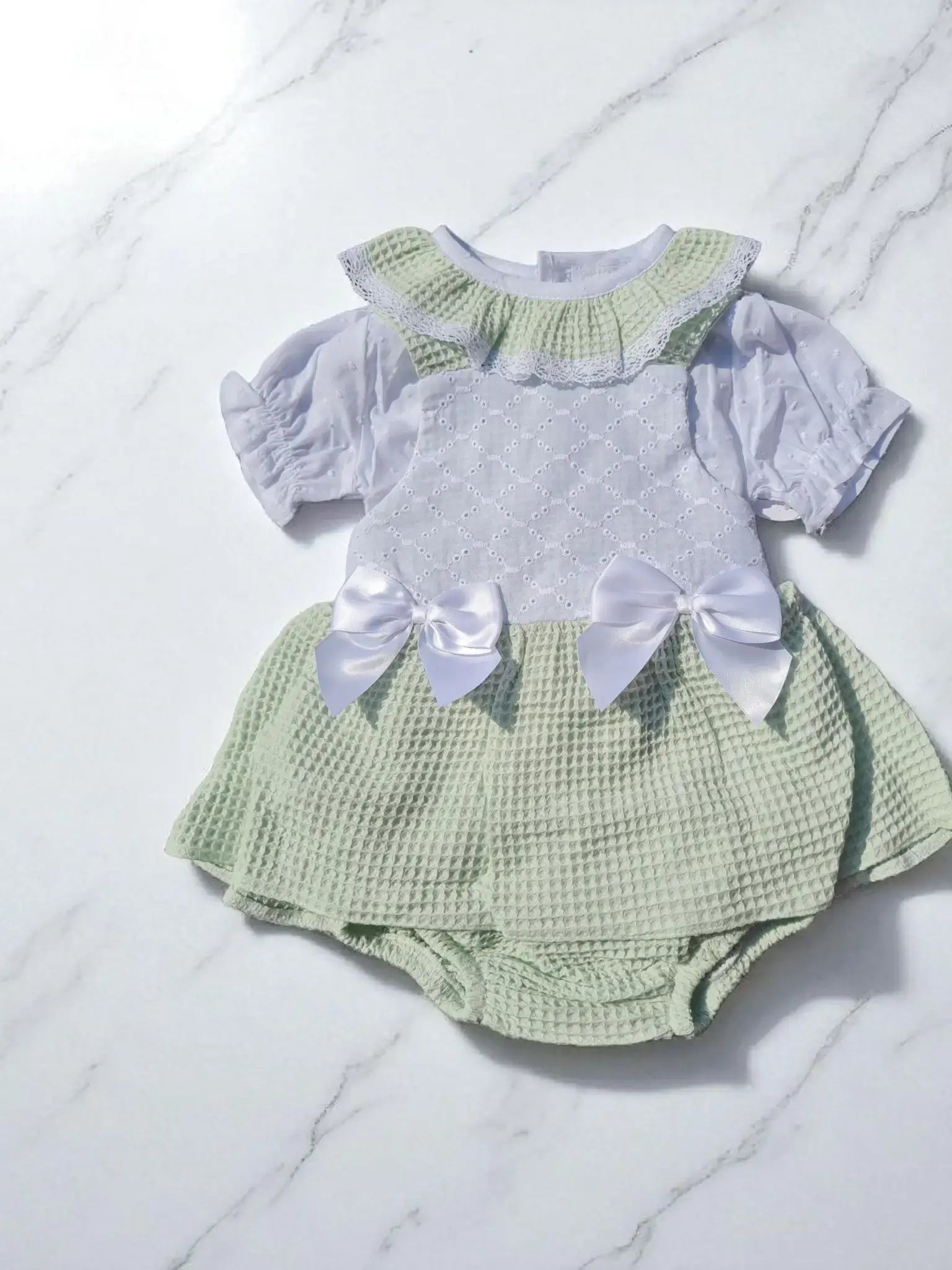 Girls Dress Set with Bows and Lace - Sage