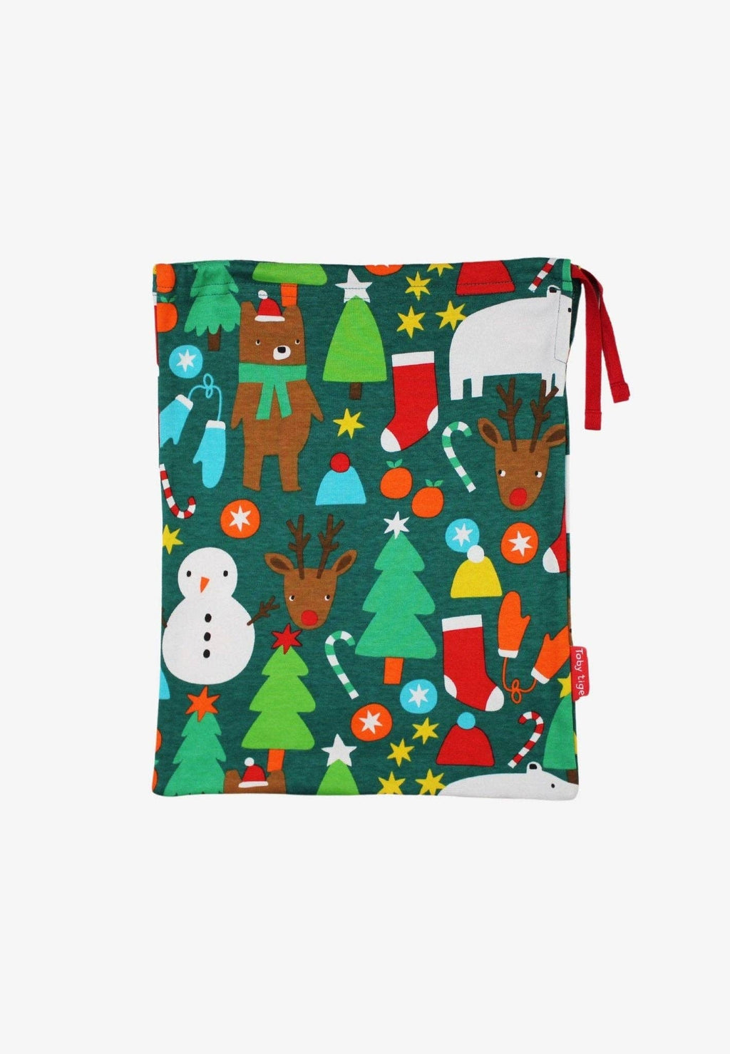 Christmas-themed fabric bag with reindeer, snowman, and trees on a green background