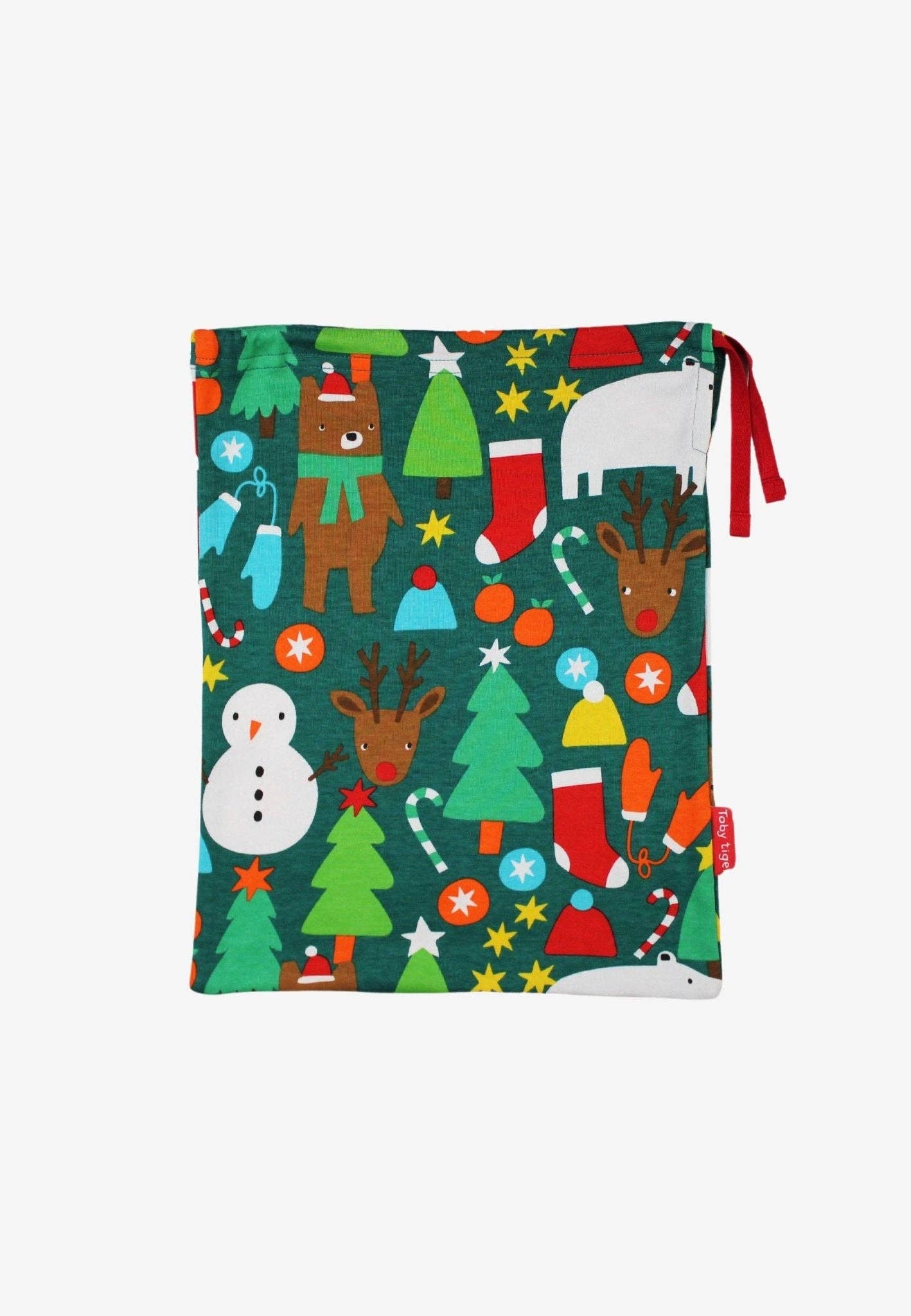 Christmas-themed fabric bag with reindeer, snowman, and trees on a green background