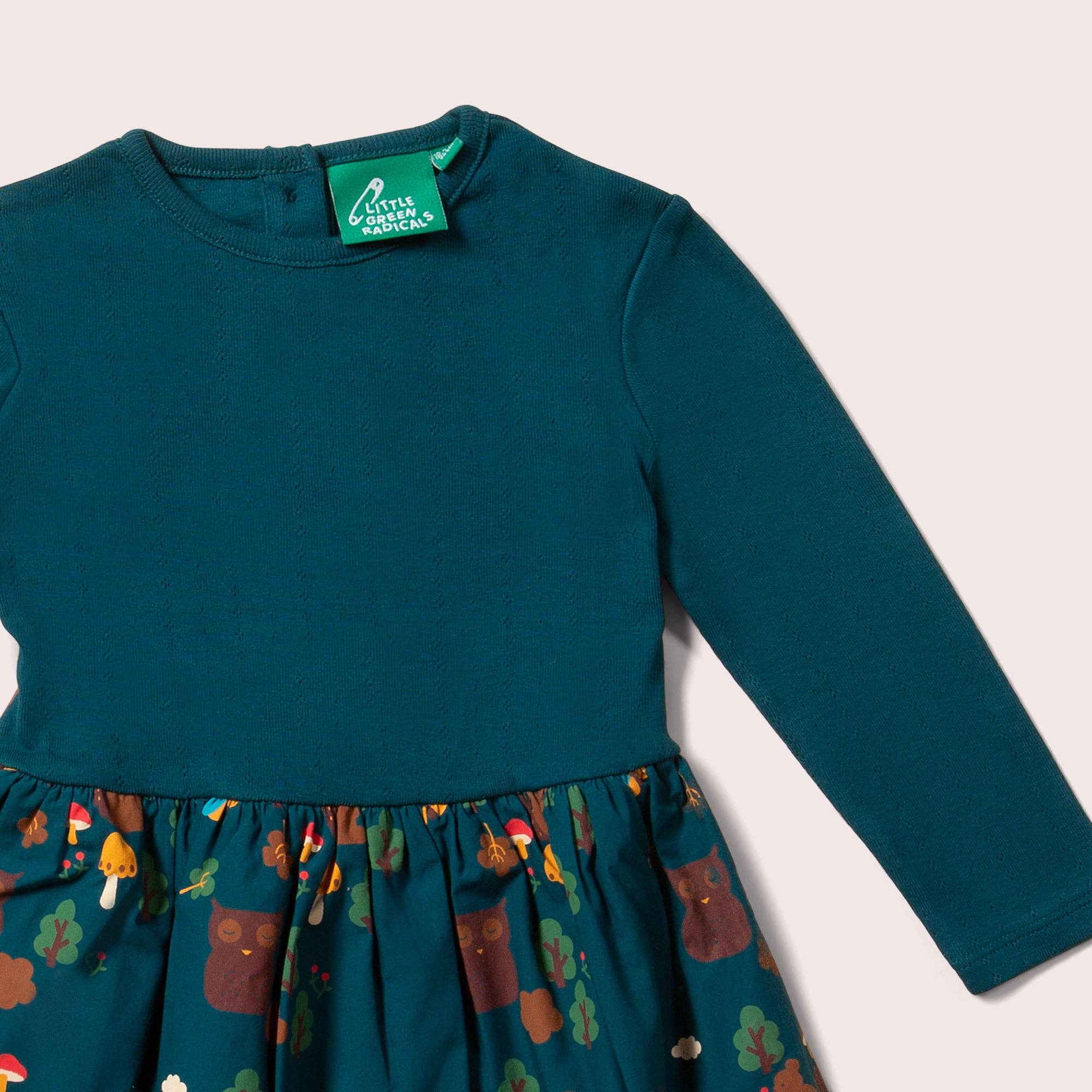 Teal dress with a patterned skirt and 'Little Green Radicals' tag on a white background