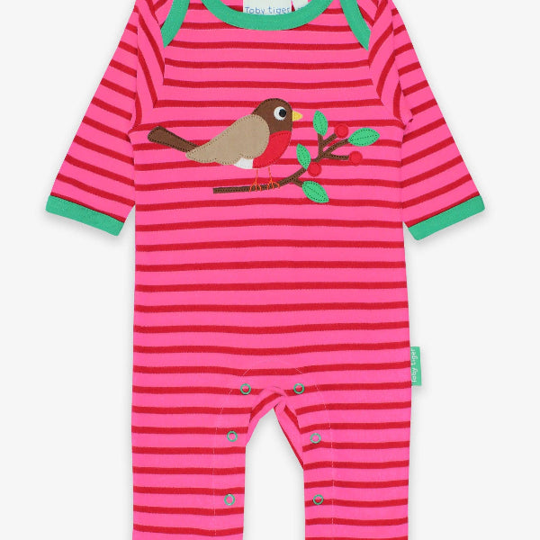 Pink and green striped baby romper with a bird design on a white background