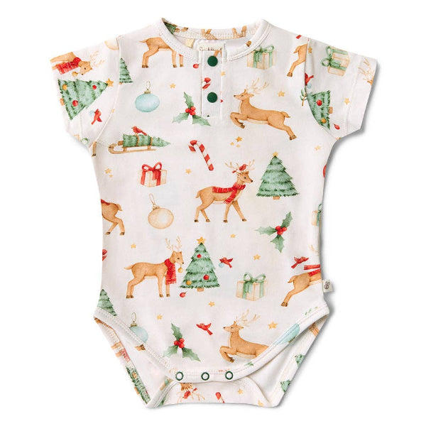 Baby onesie with Christmas-themed design on a white background