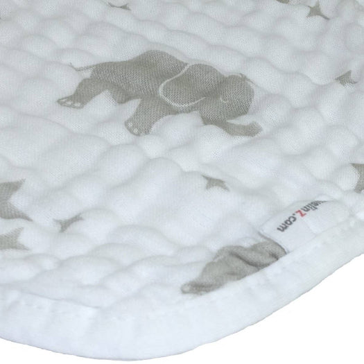 White baby blanket with gray elephant pattern and Lulujo branding.