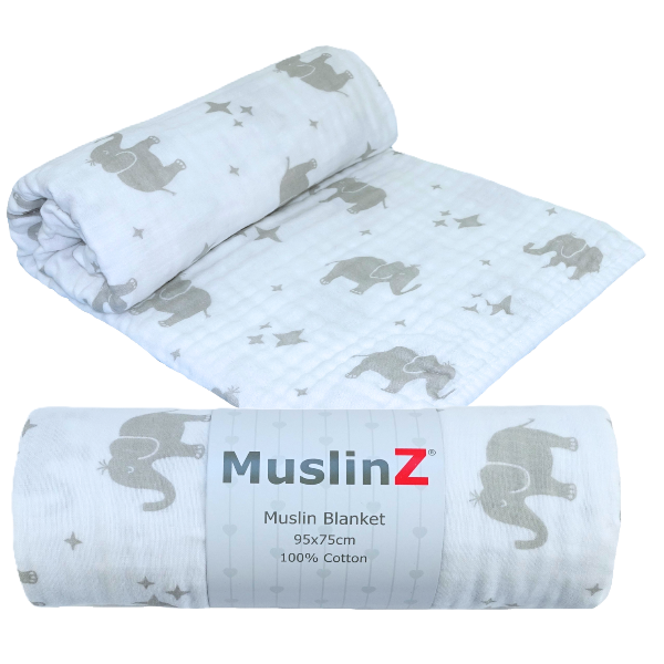 MuslinZ branded muslin blanket with elephant pattern on a white background
