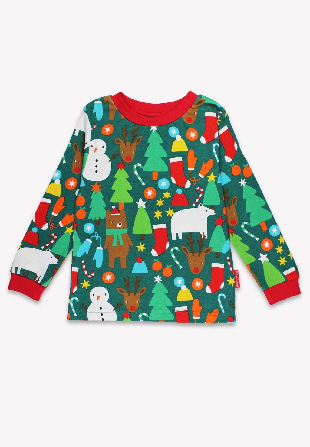 Children's long-sleeve shirt with Christmas-themed pattern on a white background