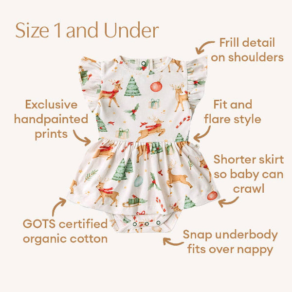 Baby romper with Christmas-themed print on a white background, featuring text about product features.