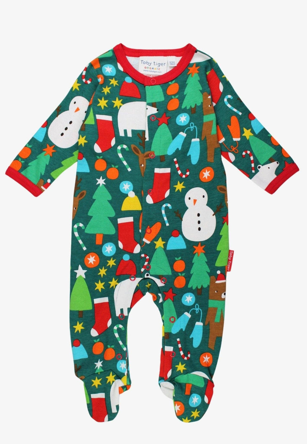 Colorful Christmas-themed baby onesie with various holiday elements on a white background.