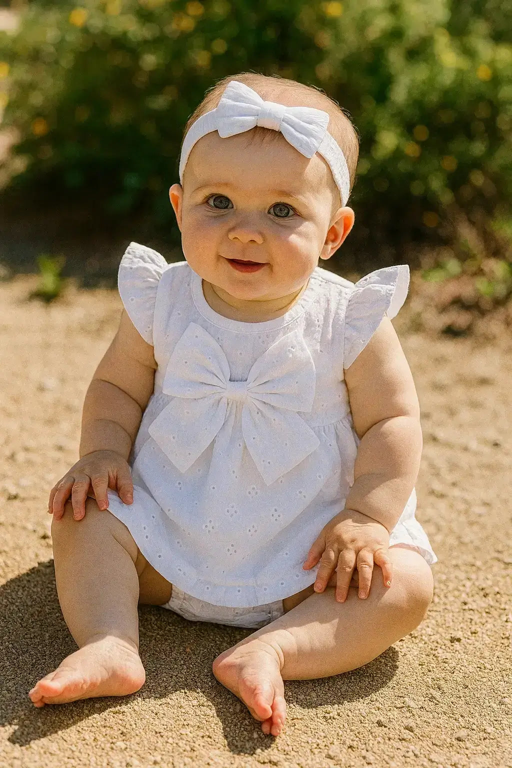 Baby in a white cotton dress with a bow and matching headband, sitting on sandy ground outdoors
