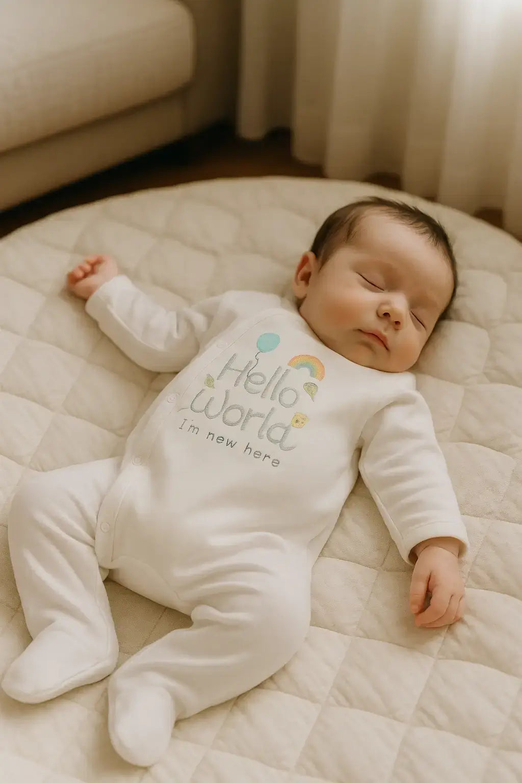 Baby sleeping on a quilted surface while wearing a white cotton baby grow with long sleeves and footies, featuring “Hello World, I’m new here” text and playful graphics. Same item as shown above