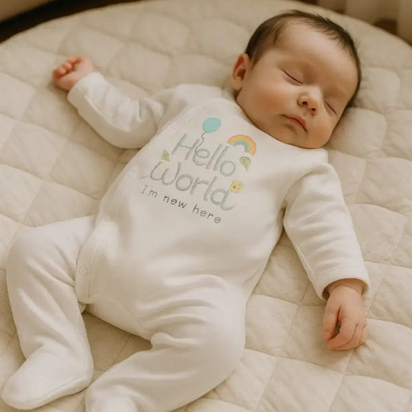Baby sleeping on a quilted surface while wearing a white cotton baby grow with long sleeves and footies, featuring “Hello World, I’m new here” text and playful graphics. Same item as shown above