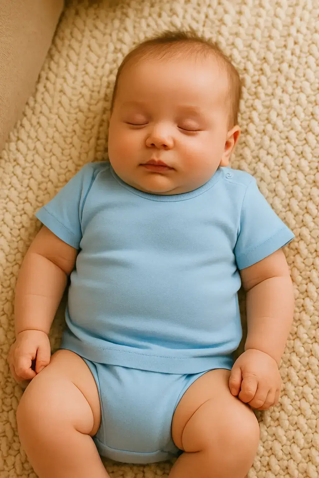 Baby wearing a light blue Cotton Baby t-shirt with snap-on shoulder buttons, shown in use while lying on a textured beige surface