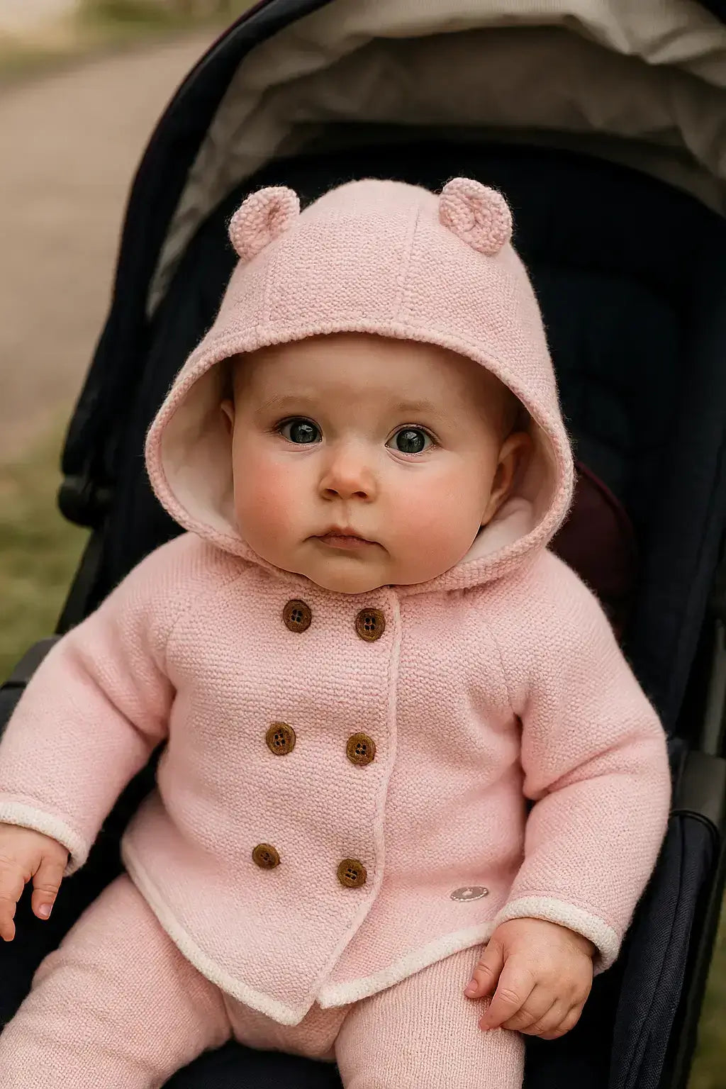 Baby in a pink hooded outfit sitting in a stroller.