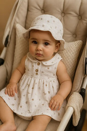 Ivory Random Motif Dress & Hat Set (0-12M) - Cotton Baby