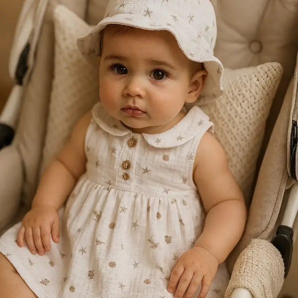 Baby in a white dress and hat sitting in a stroller.