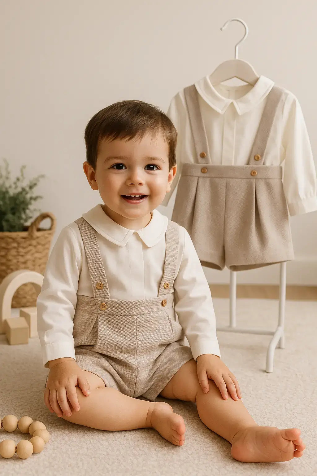 Baby Boys 2 Piece Short Dungaree Set (18–24 Months, Stone/Off White)