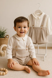 Baby Boys 2 Piece Short Dungaree Set (18–24 Months, Stone/Off White)