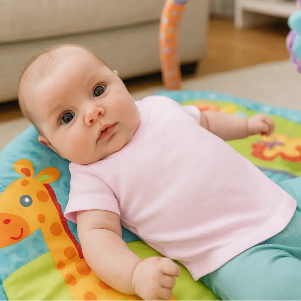 Baby in a pink cotton t-shirt and teal leggings lying on a colourful play mat indoor
