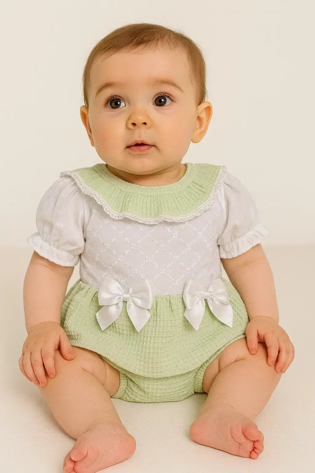 Girls Dress Set with Bows and Lace - Sage