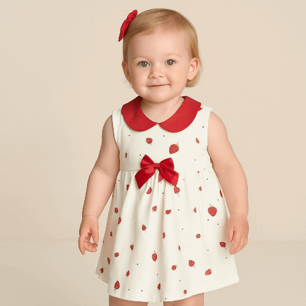 Baby wearing a white dress with red heart patterns and a red bow tie on a beige background